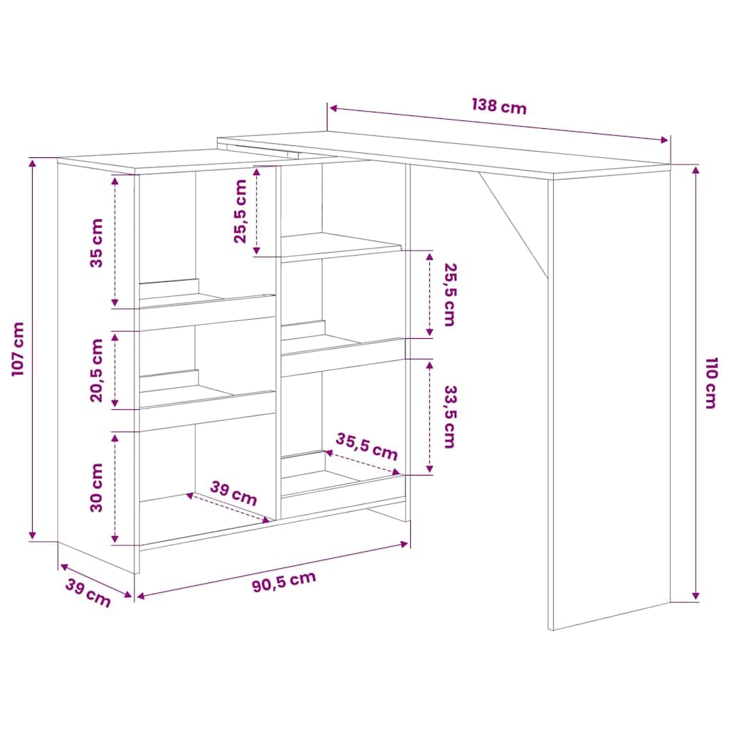 vidaXL Bartisch Weiß 138x39x110cm mit Regal Stehtisch
