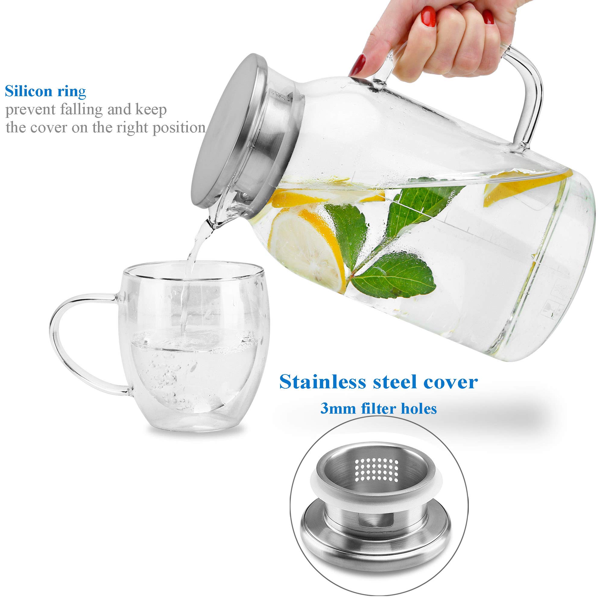 Intirilife Karaffe mit Filter 1,5 L Borosilikatglas Glaskrug