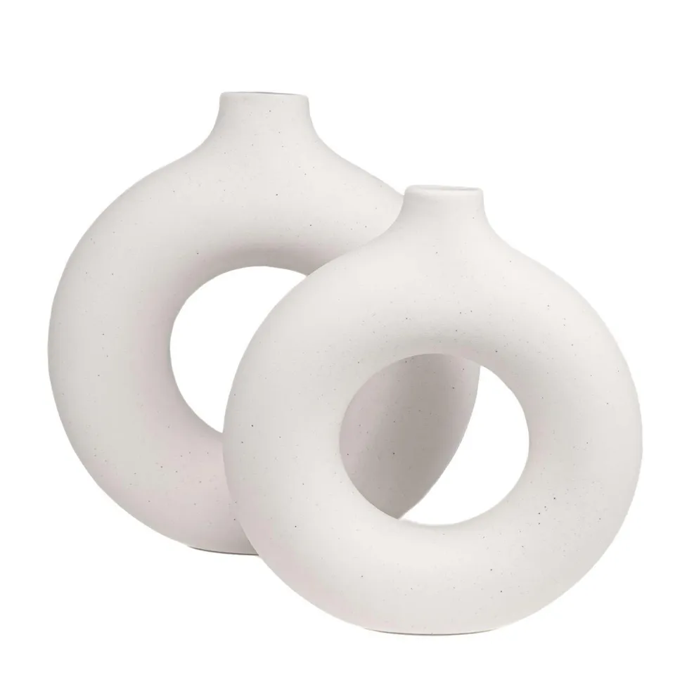 Intirilife Vasen Set 2-teilig Weiß Keramik rund Donut 23 cm