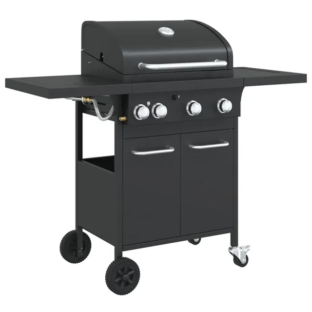vidaXL Gasgrill 4 Flammen Schwarz Stahl mit Grillwagen