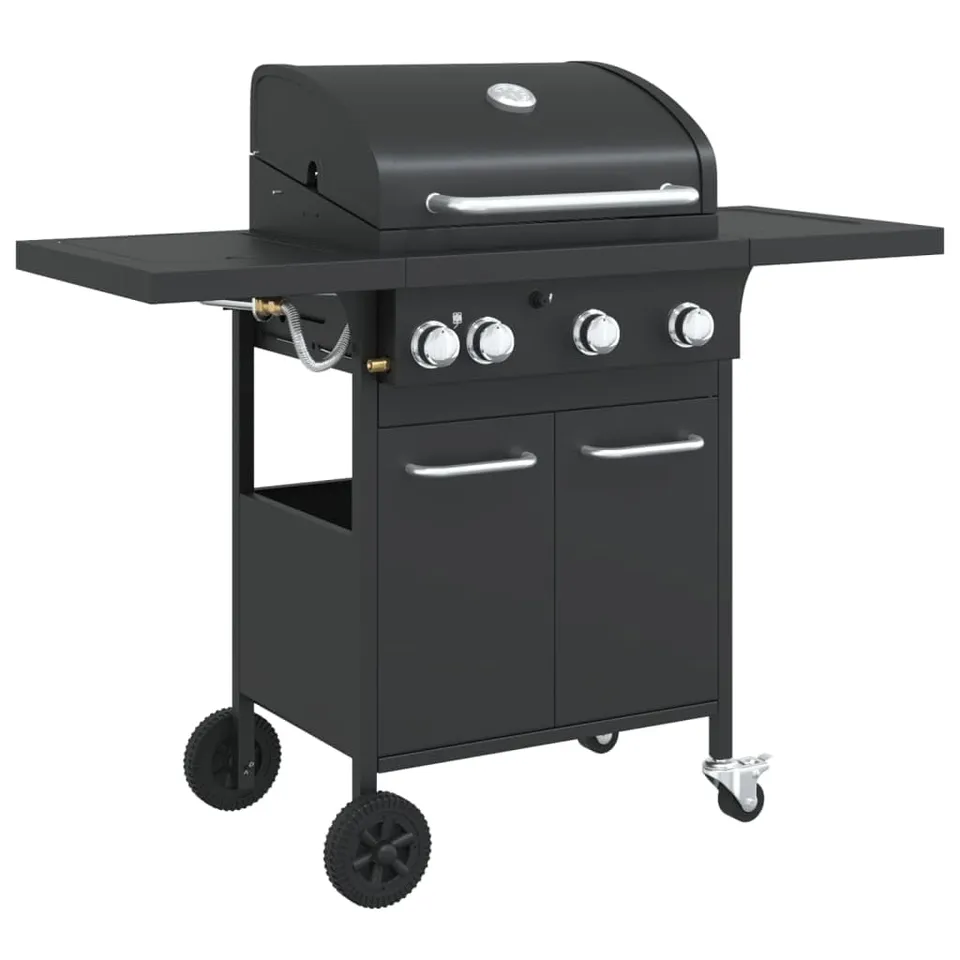 vidaXL Gasgrill 4 Flammen Schwarz Stahl mit Grillwagen