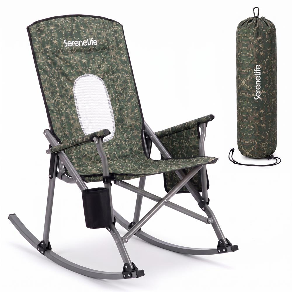 Serenelife Schaukelstuhl klappbar Hochlehner Grün Camouflage Becherhalter