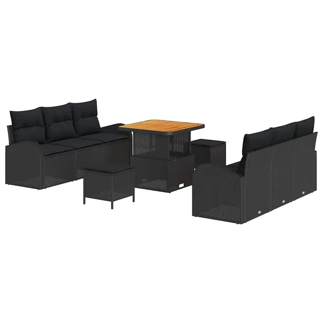 vidaXL Gartensofa-Set 9-tlg Schwarz Poly-Rattan Hochtisch