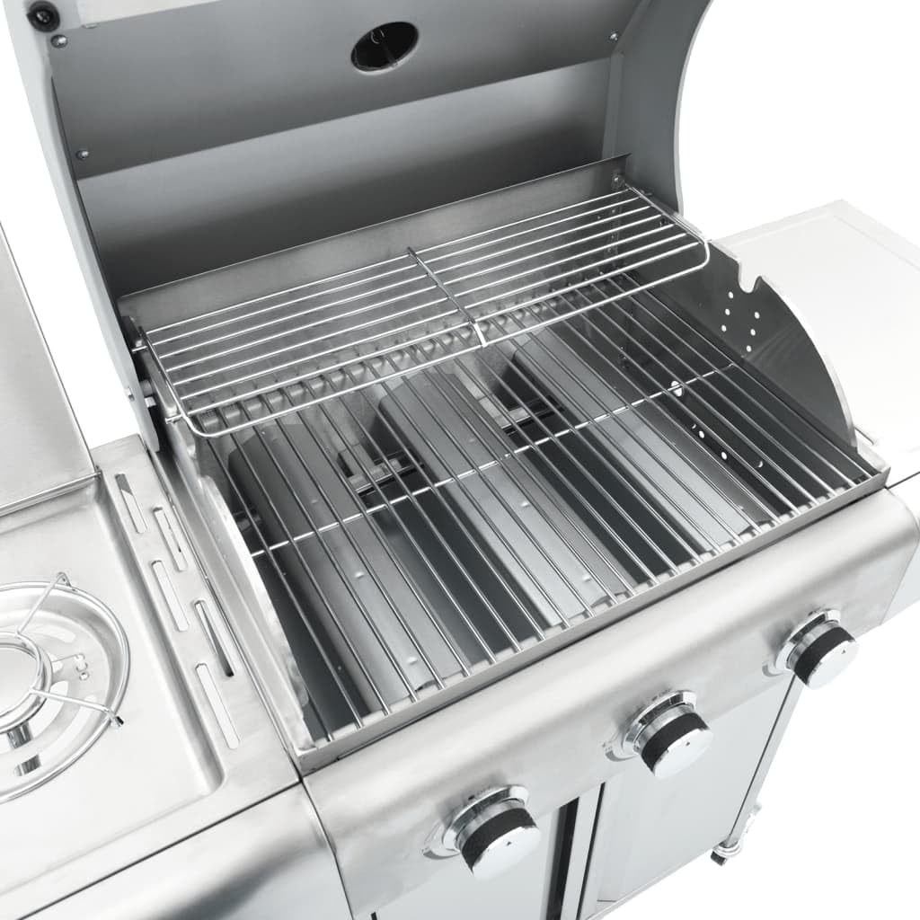 vidaXL Gasgrill 4 Flammen Edelstahl Silber mit Rädern