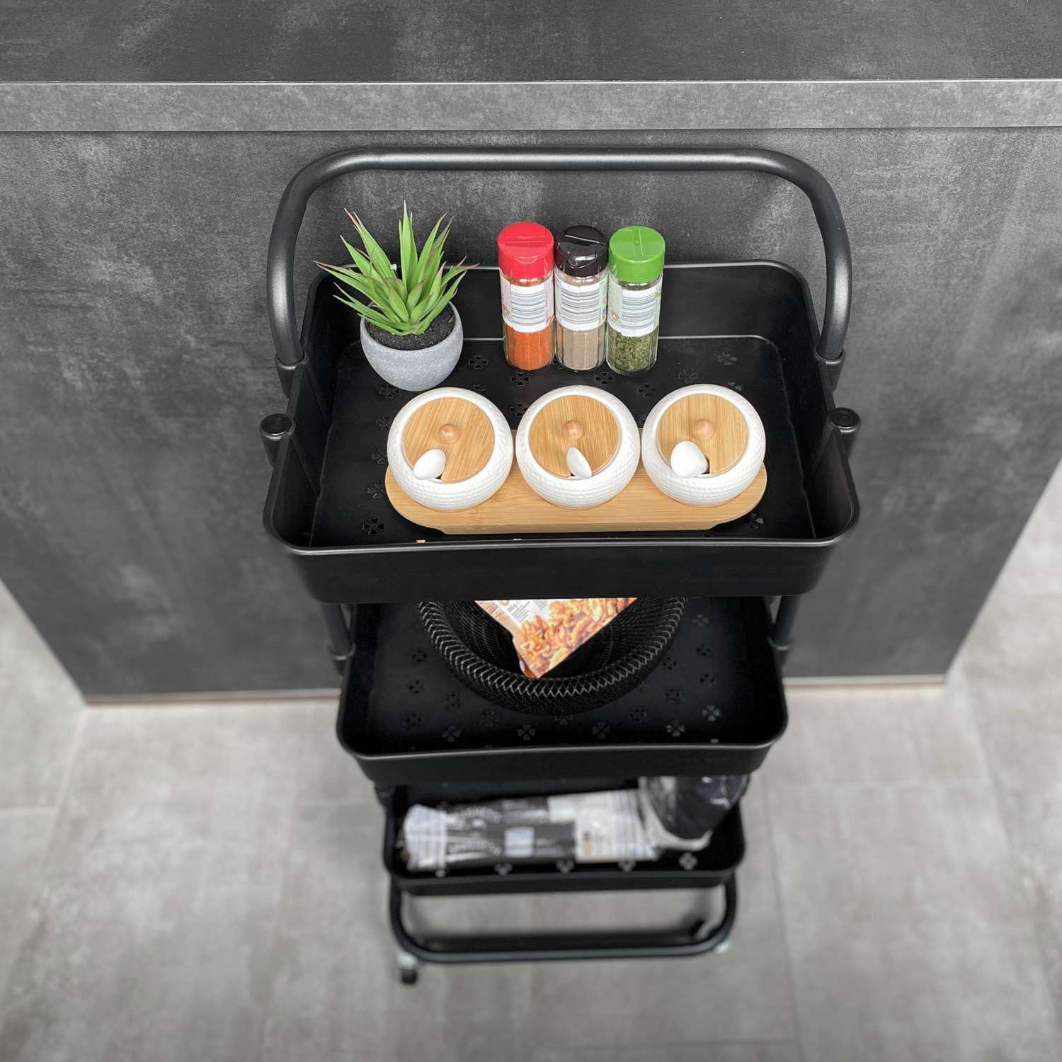 Intirilife Rollwagen 3 Ebenen Schwarz Servierwagen 42x37cm