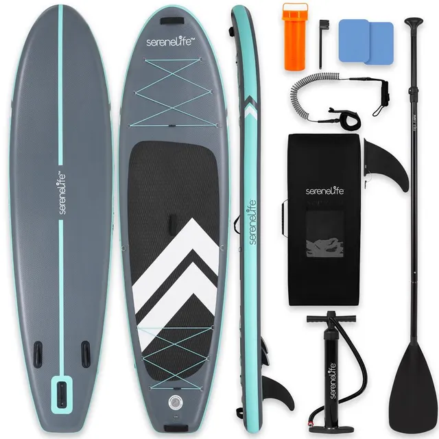 Serenelife SUP Board aufblasbar Grau Komplettset rutschfest