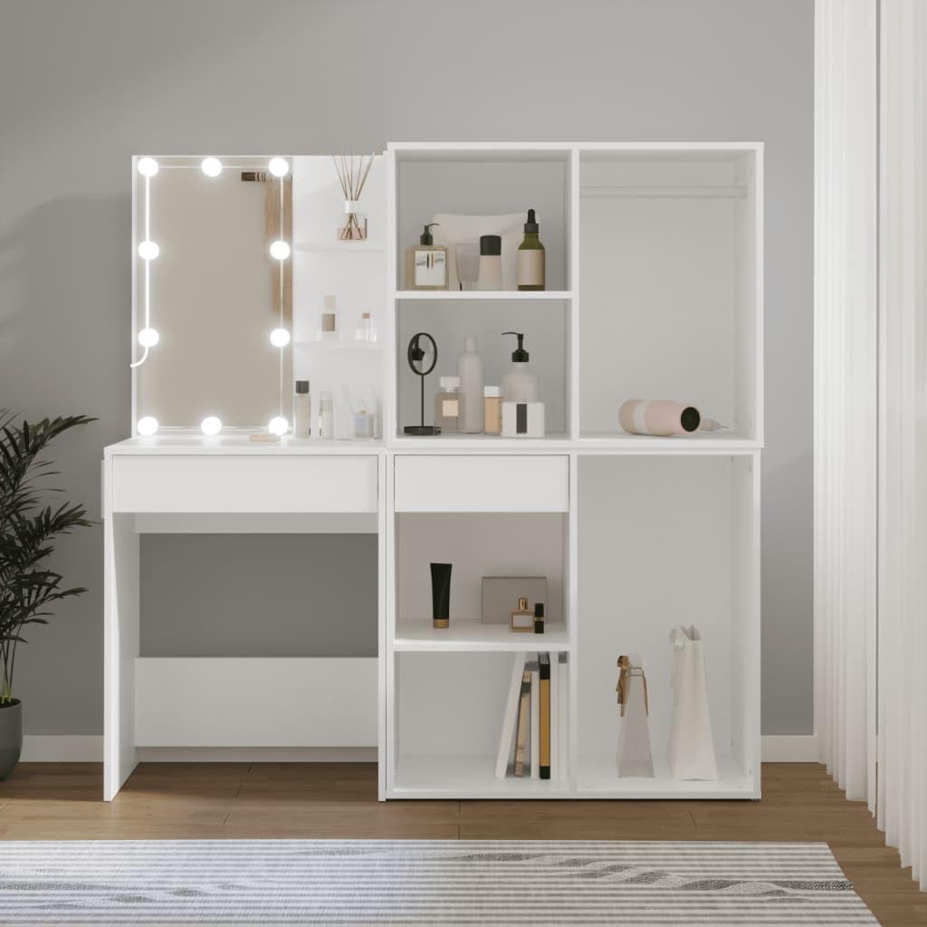 vidaXL LED-Schminktisch Weiß Holzwerkstoff 2 Schränke Spiegel