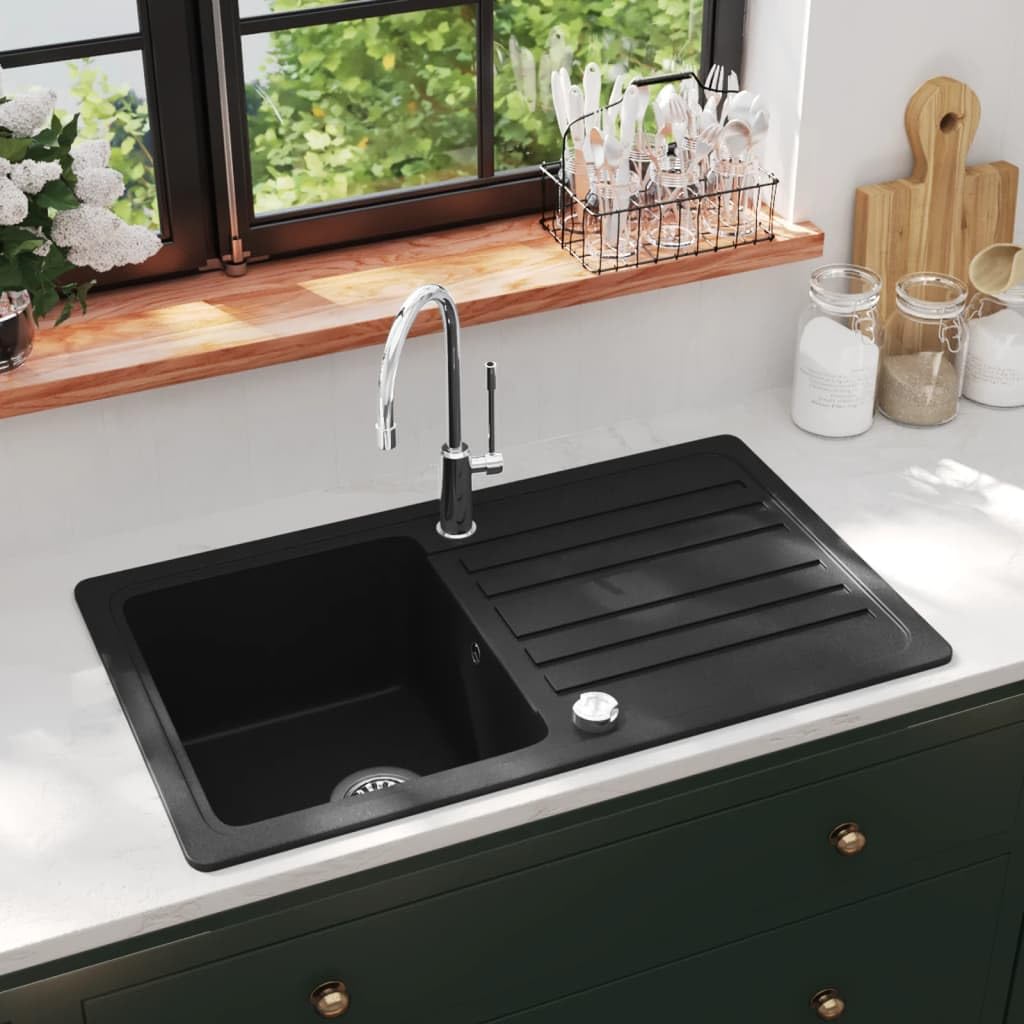 vidaXL Granitspüle Schwarz Reversibel mit Abtropffläche