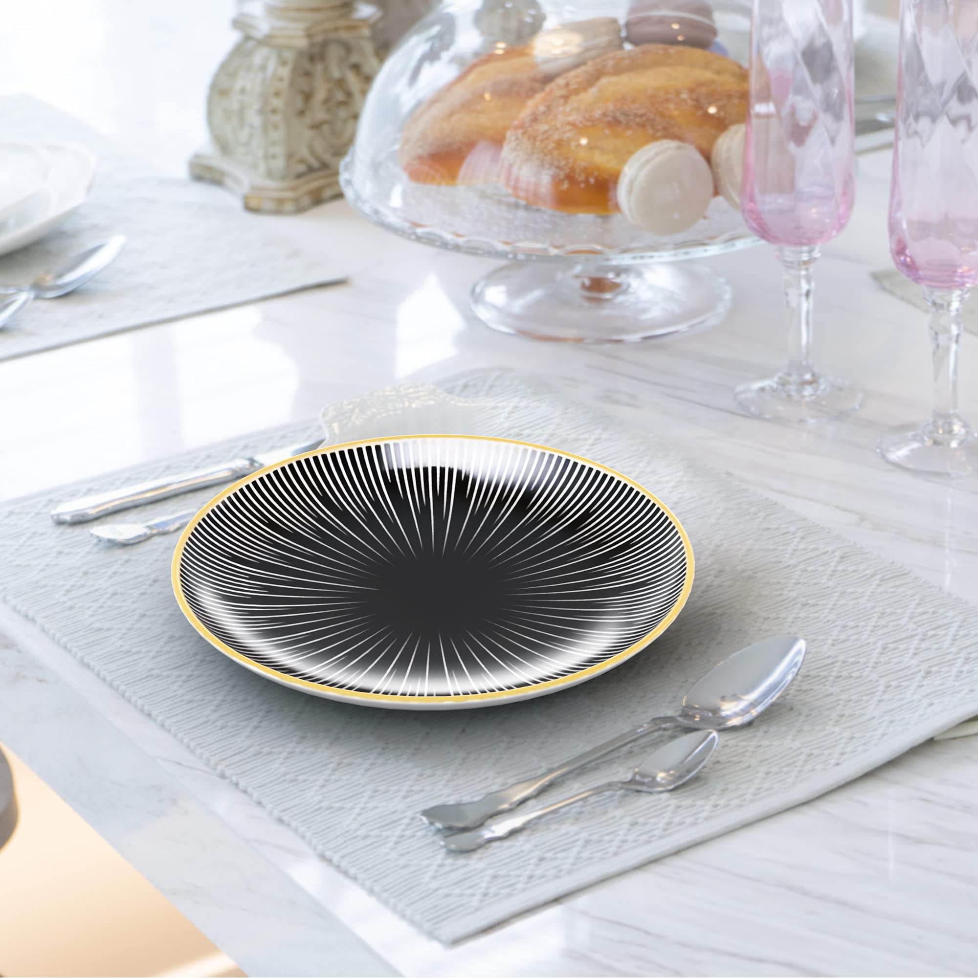 Intirilife Porzellanteller Gestreift 8" 20,5cm Schwarz-Weiß 4x