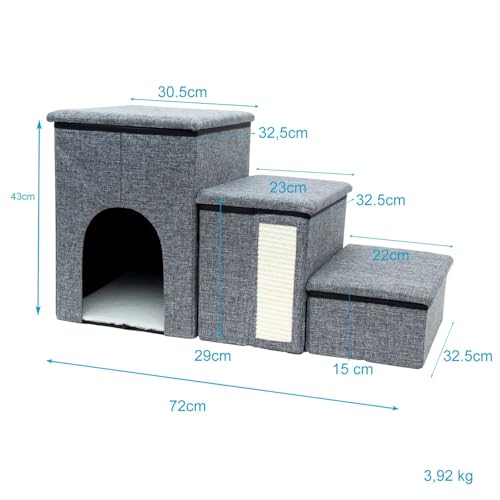 Intirilife Hundetreppe faltbar Grau 3 Stufen 72x32,5x43 cm