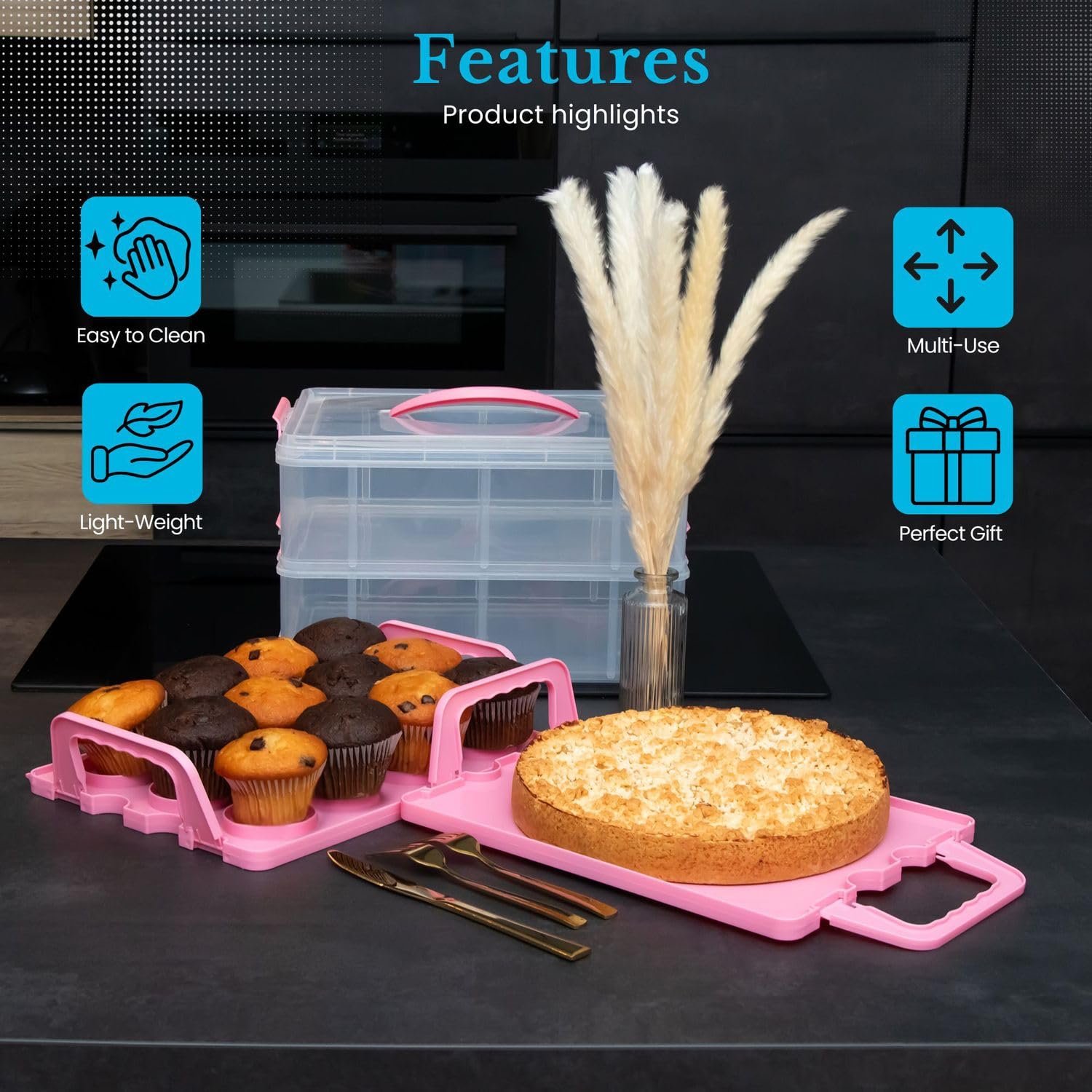 Intirilife Kuchenbox Pink 2 Etagen für 24 Cupcakes Kunststoff