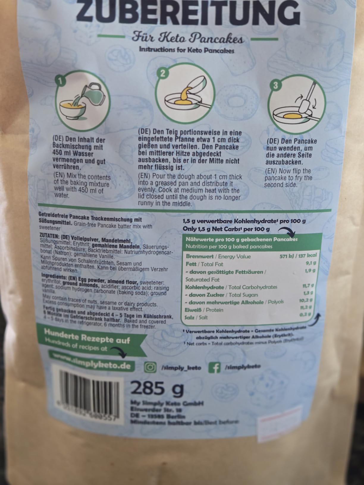 Simply Keto Pancake Mix Backmischung Low Carb 285 g glutenfrei