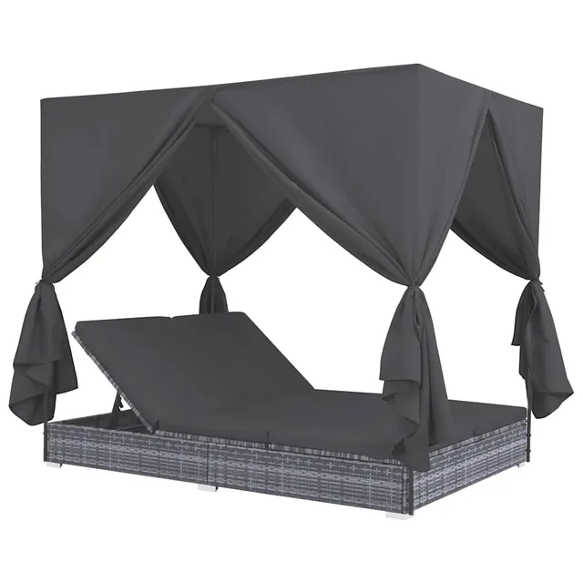 vidaXL Outdoor-Lounge-Bett Poly Rattan Grau Vorhänge verstellbar