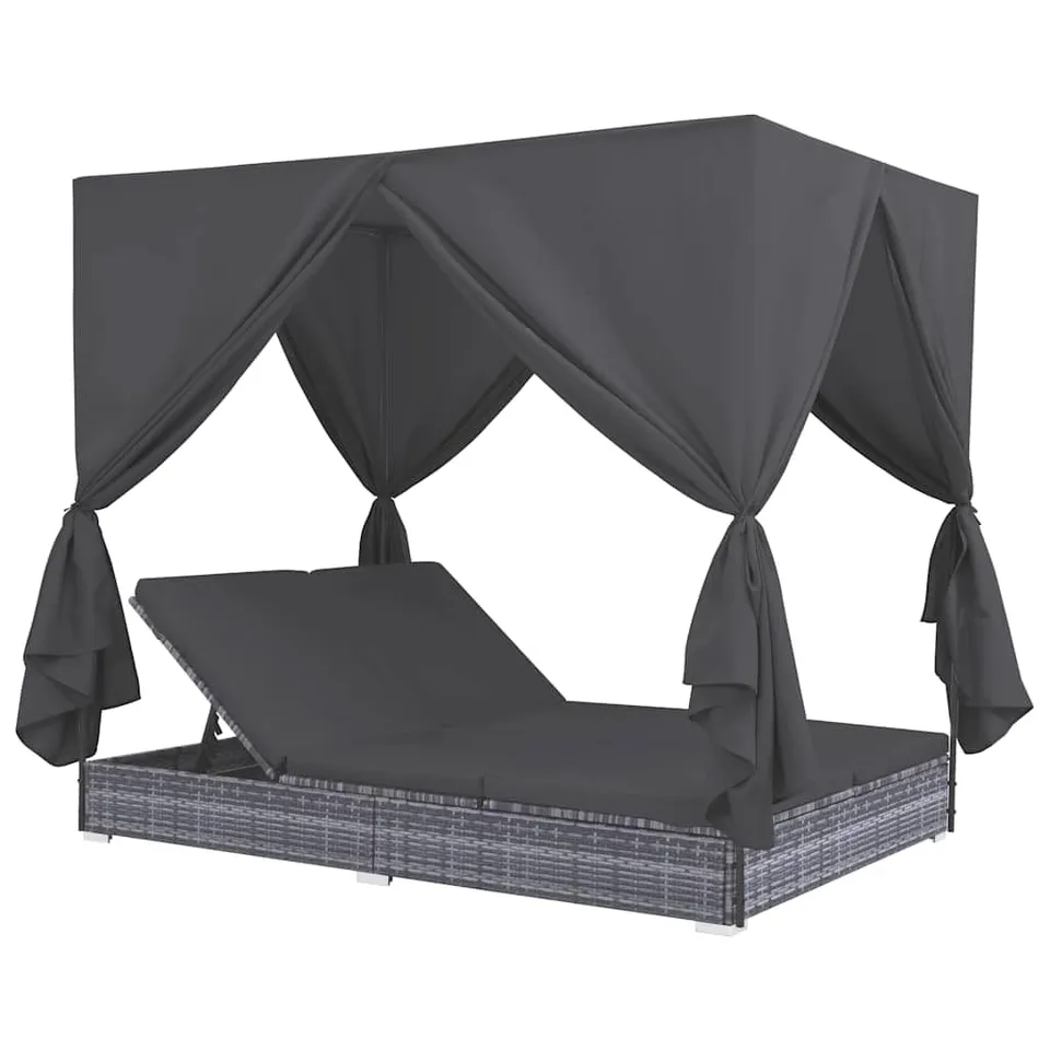 vidaXL Outdoor-Lounge-Bett Poly Rattan Grau Vorhänge verstellbar