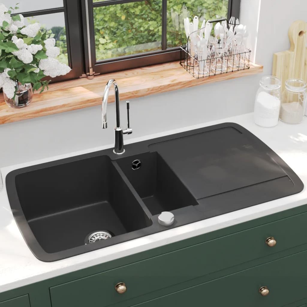 vidaXL Granit Spülbecken Doppelbecken Küchenspüle schwarz