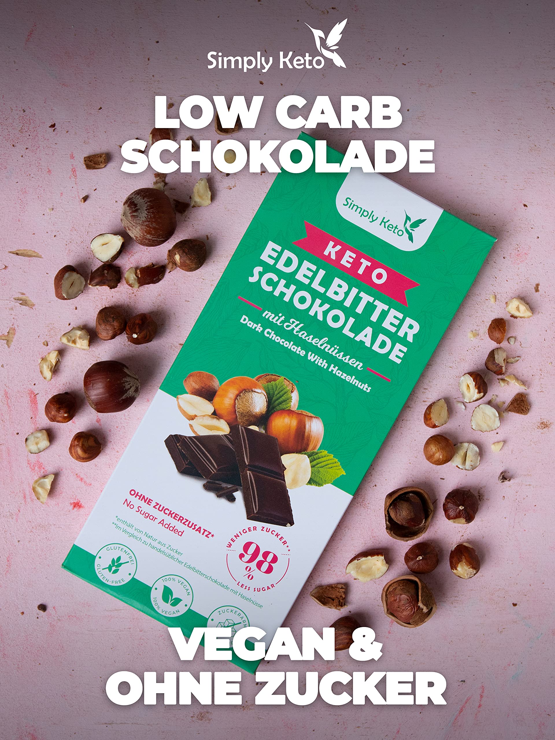 Simply Keto Edelbitter Haselnuss Schokolade ohne Zucker 60% Kakao