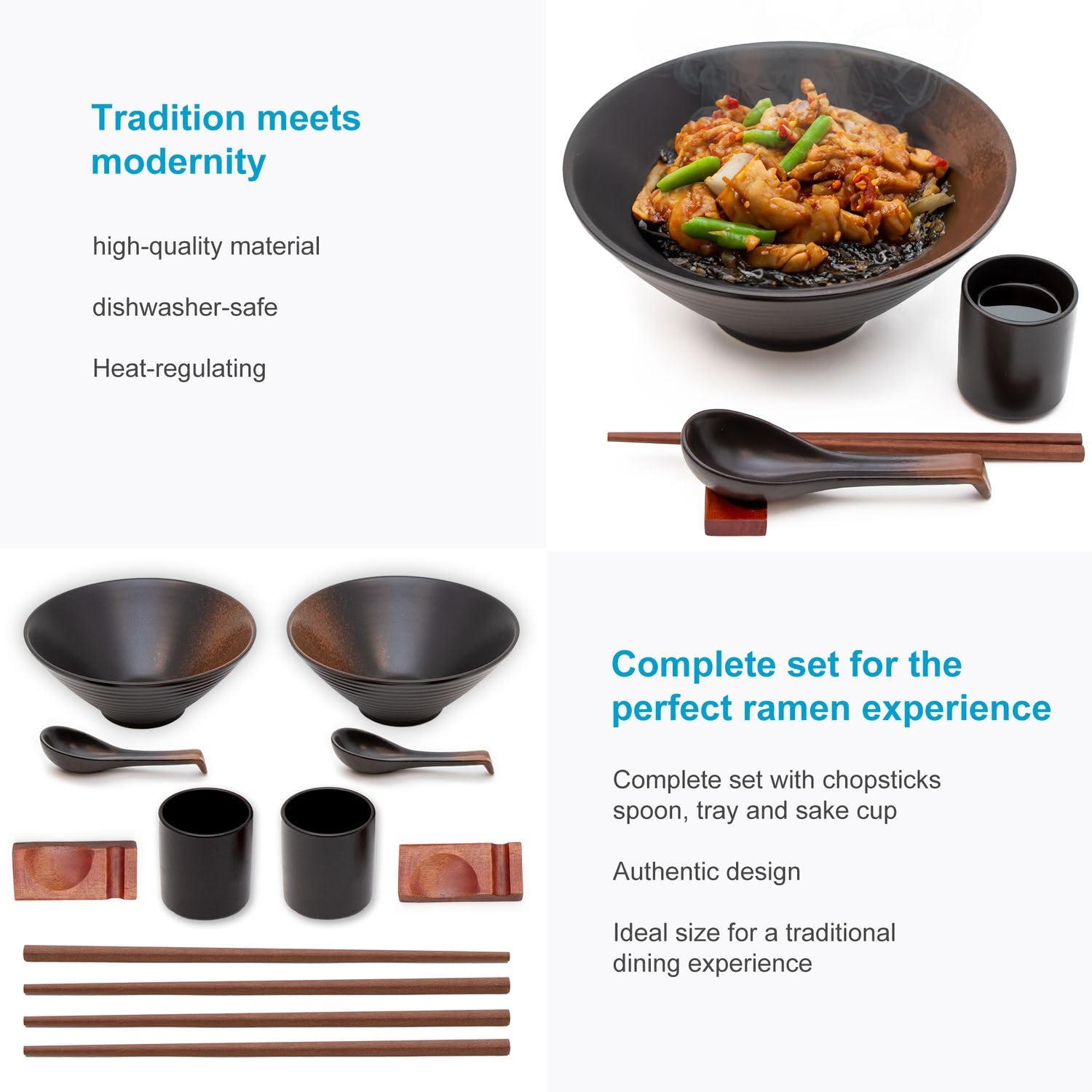 Intirilife Ramen Schüssel Set Keramik Schwarz 2 Personen