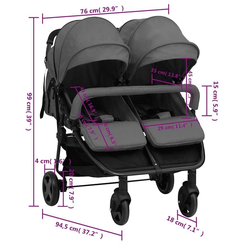 vidaXL Baby Geschwisterwagen klappbar Zwillingsbuggy Stahl dunkelgrau