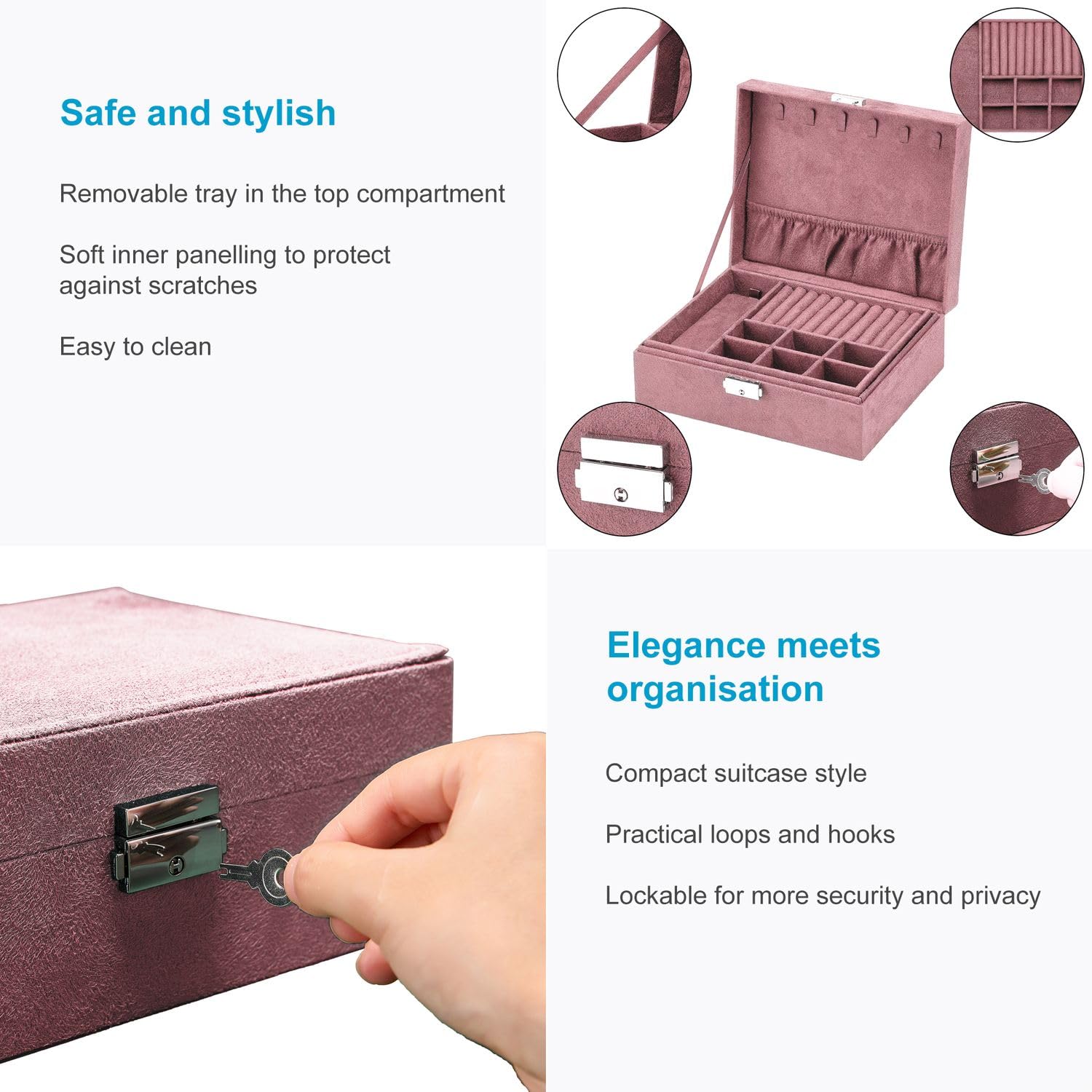 Intirilife Schmuckschatulle Rosa 2 Ebenen 23 cm abschließbar