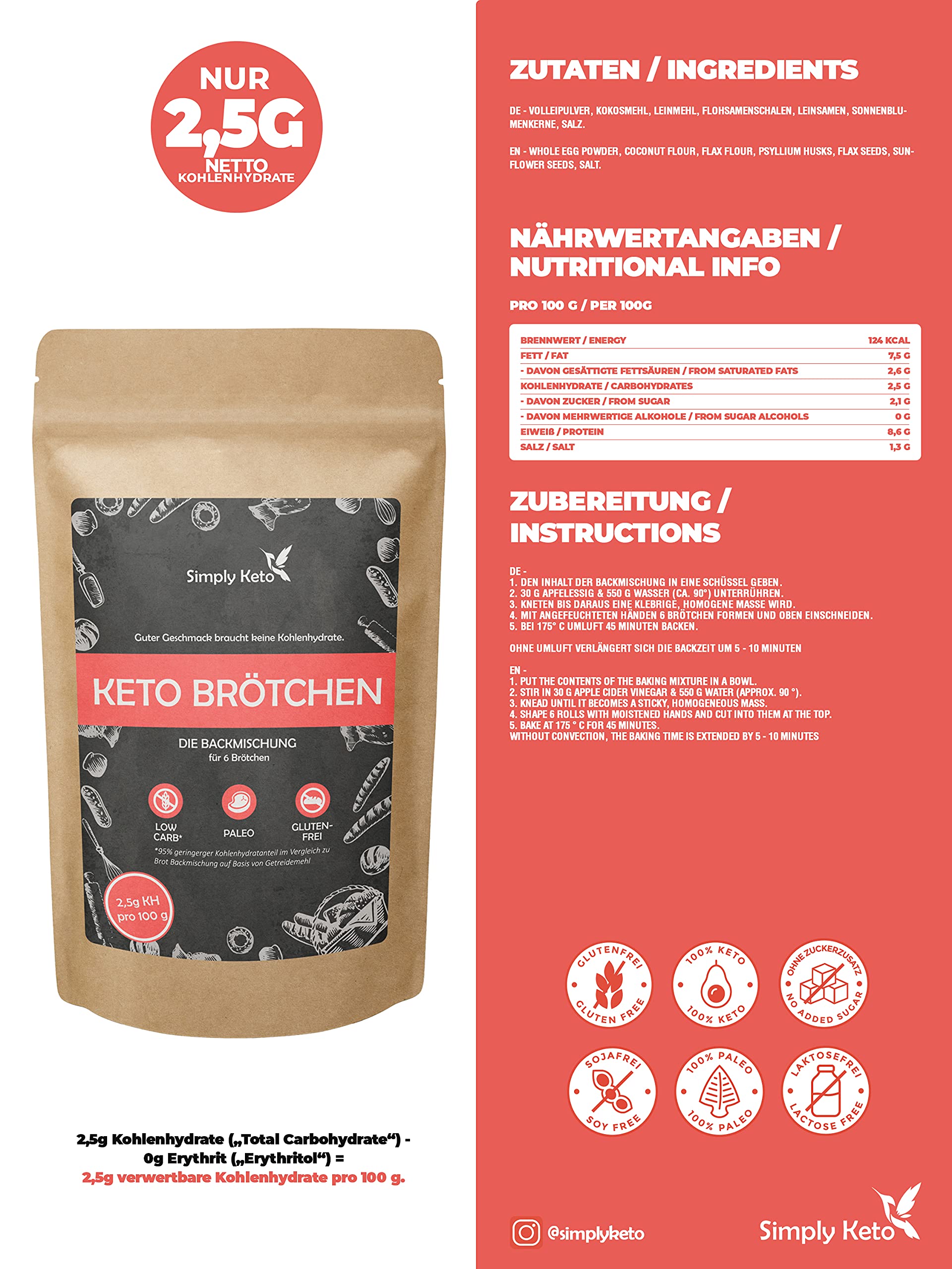 Keto Backzutaten Brötchen Backmischung 340 g Low Carb