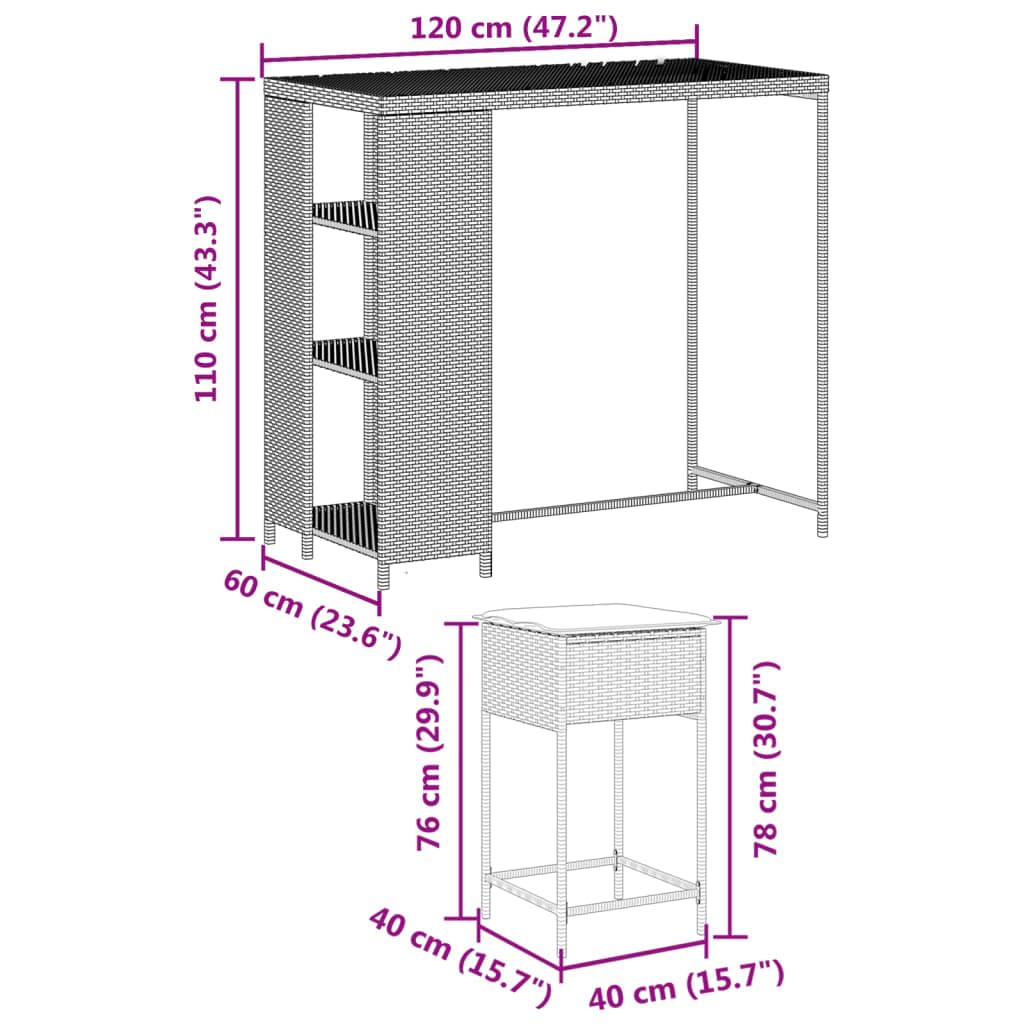 vidaXL Gartenbar-Set Rattan Braun 2 Barhocker mit Kissen
