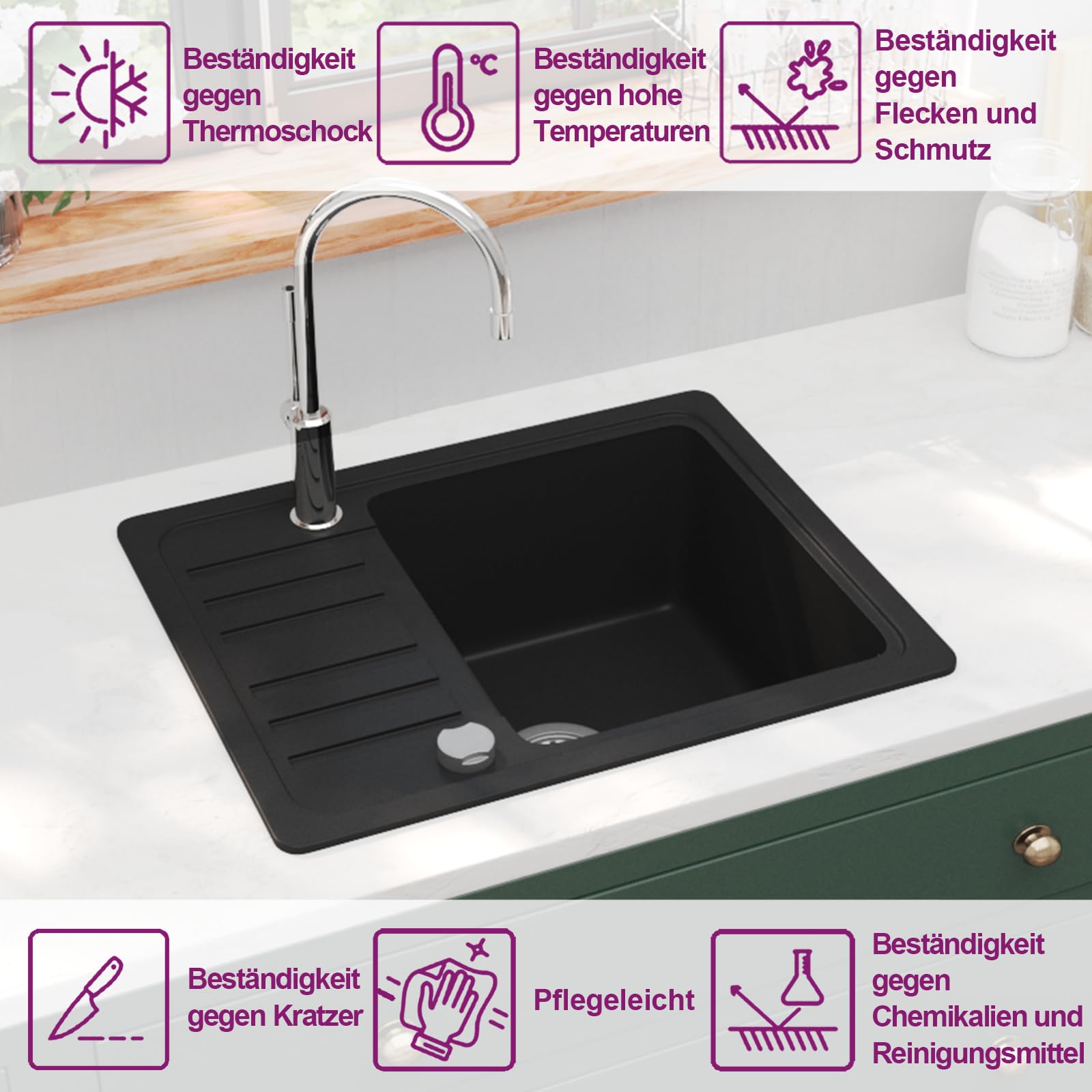 vidaXL Heimwerker Granitspüle Einzelbecken Schwarz reversibel