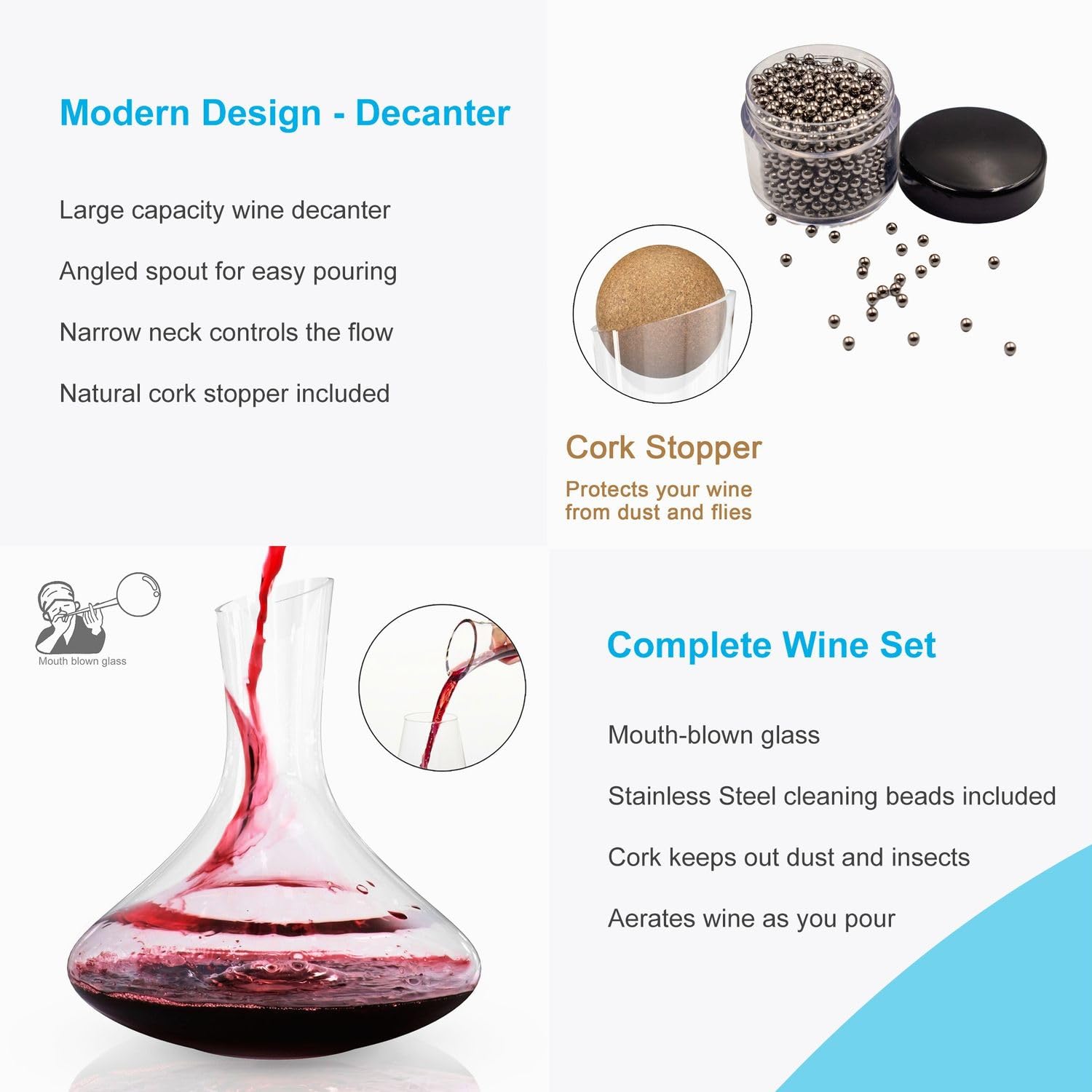 Intirilife Weinkaraffe 1,8 L Kristallglas Dekanter Rotwein Korken