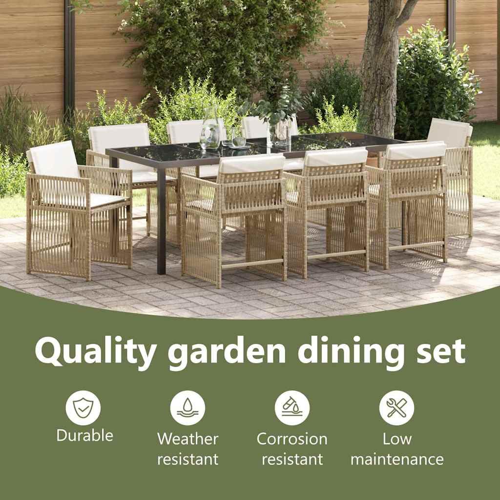 vidaXL Heim & Garten Essgruppe 9-tlg Beige Polyrattan Glastisch
