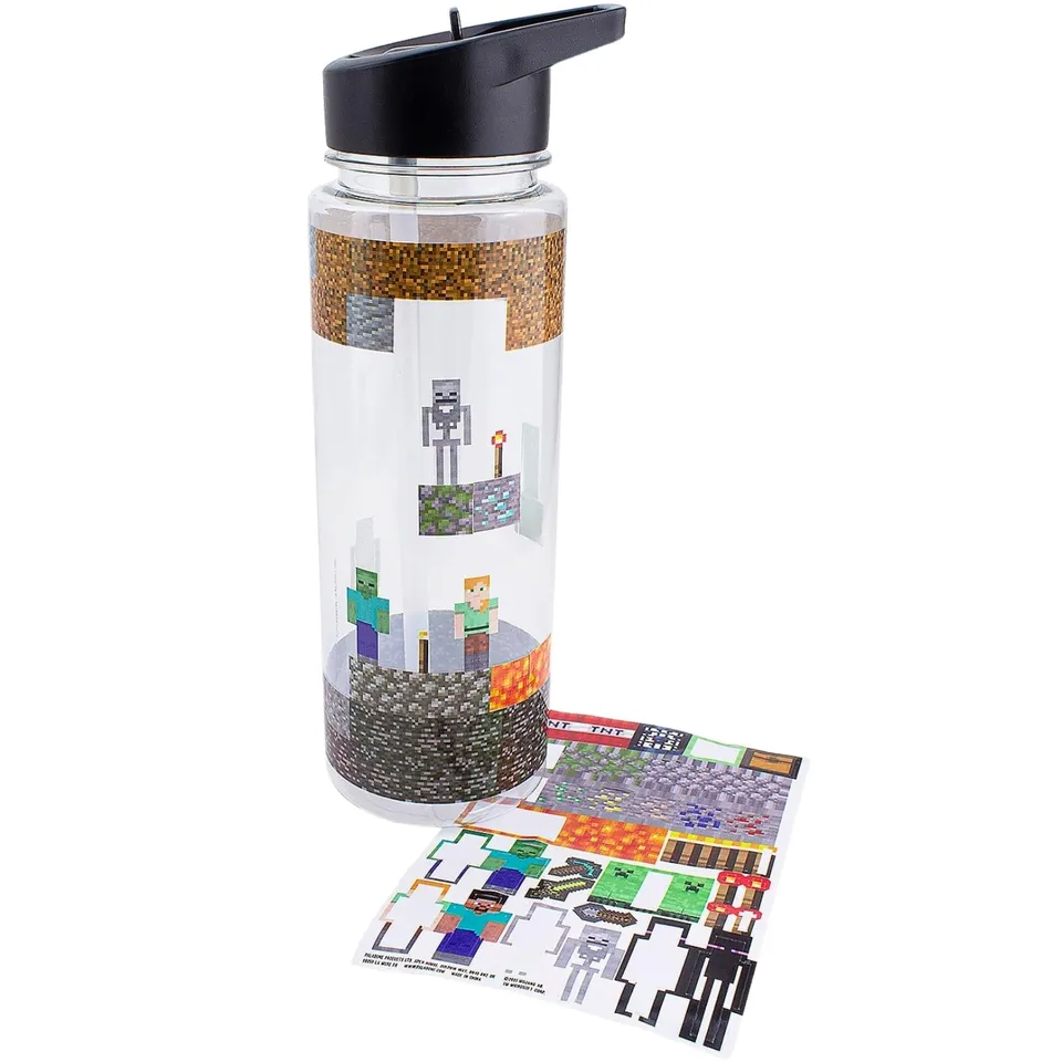 Paladone Minecraft Trinkflasche 650ml mit Sticker Set grau