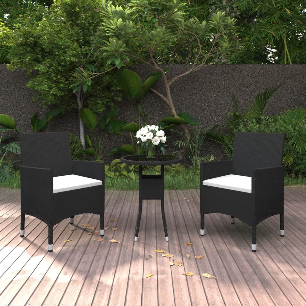 vidaXL Garten-Essgruppe 3-tlg Poly Rattan Schwarz Glas