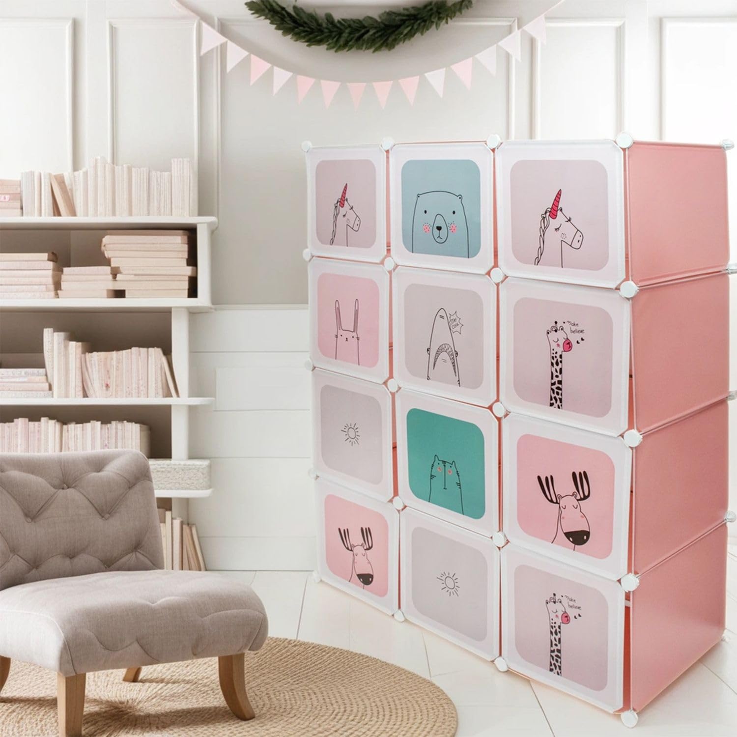 Intirilife Kleiderschrank Steckregal Kinder Rosa 12 Türen
