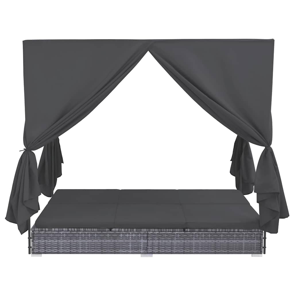 vidaXL Outdoor-Lounge-Bett Poly Rattan Grau Vorhänge verstellbar