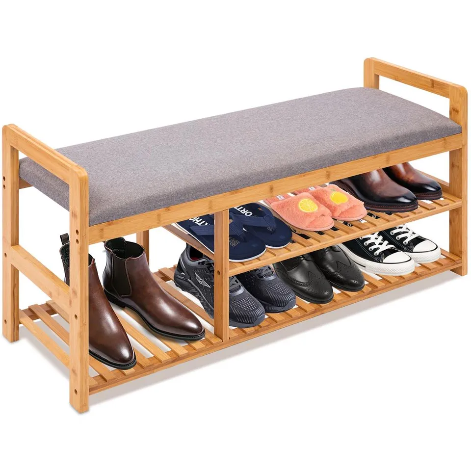 Serenelife Schuhbank Bambus 3-stufig mit Sitzkissen Natur