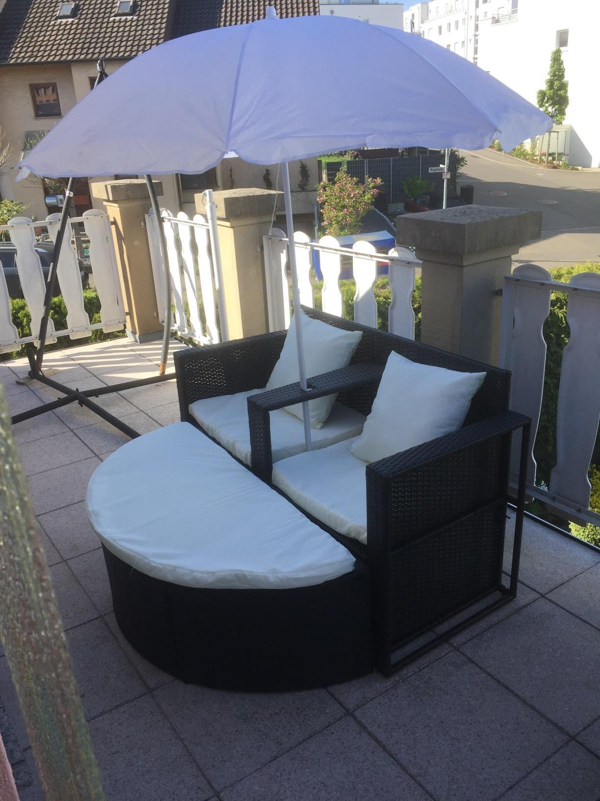 vidaXL Heim & Garten Gartenbett Poly Rattan Schwarz-Weiß mit Schirm