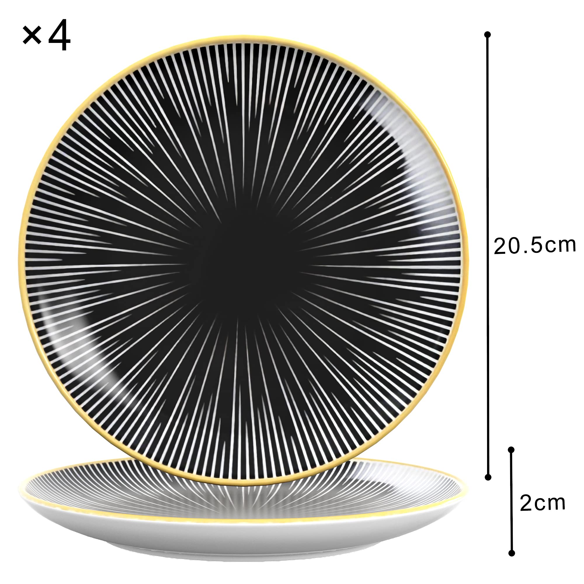 Intirilife Porzellanteller Gestreift 8" 20,5cm Schwarz-Weiß 4x