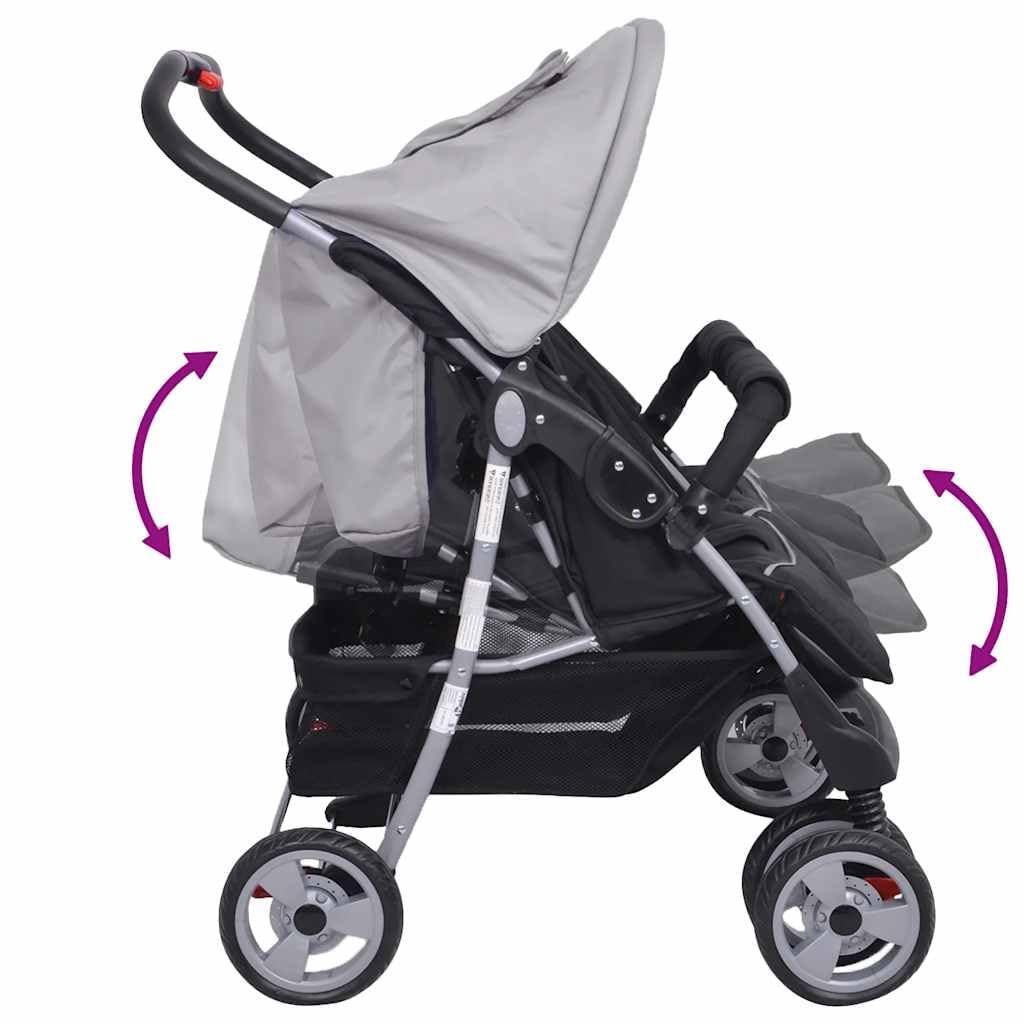 vidaXL Zwillingsbuggy Grau Klappbar Geschwisterwagen Doppelbuggy