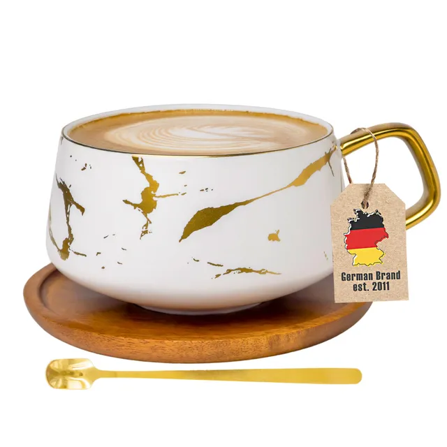 Intirilife Tasse Keramik Weiß Gold Marmor 300 ml mit Holzuntersetzer