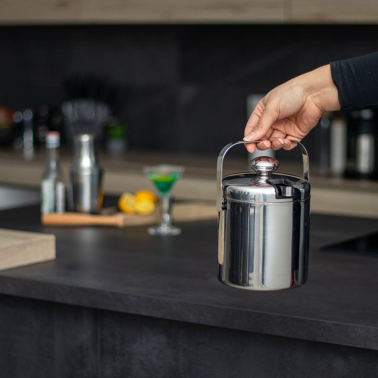 Intirilife Eiskübel Set Edelstahl 1L 4-teilig mit Zange Deckel