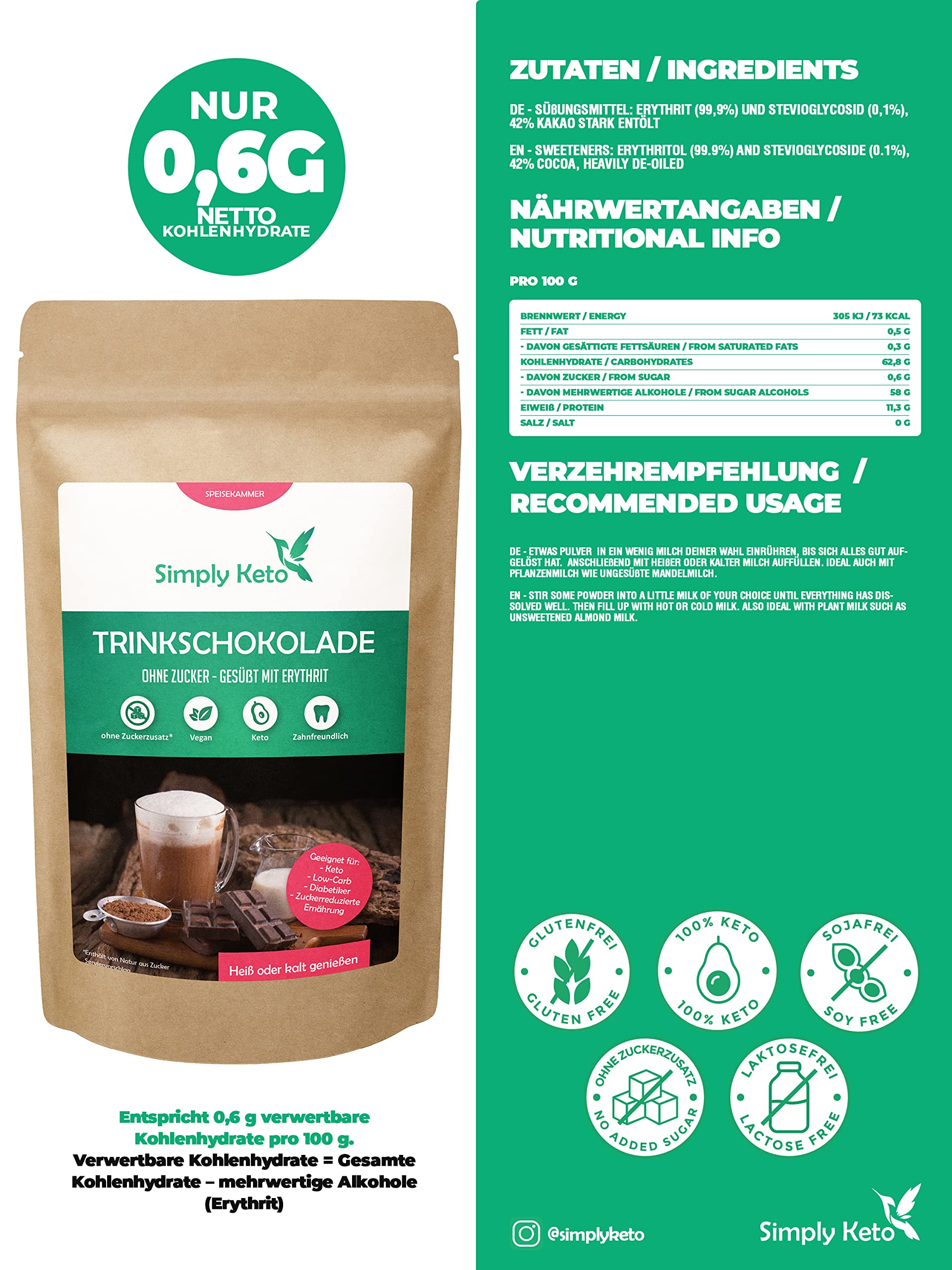 Keto Classic Trinkschokolade 700g zuckerfrei Low Carb