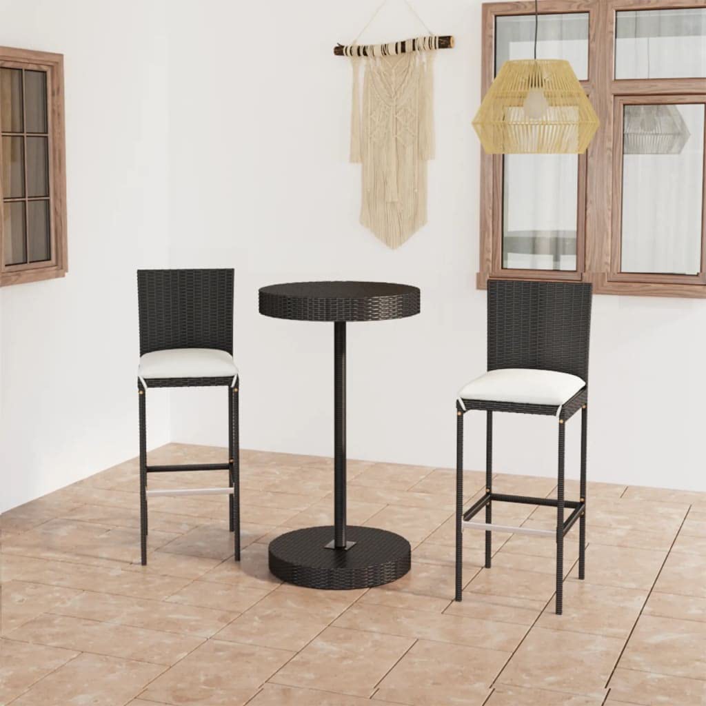 vidaXL Gartenbar-Set 3-tlg. Poly Rattan Schwarz mit Kissen
