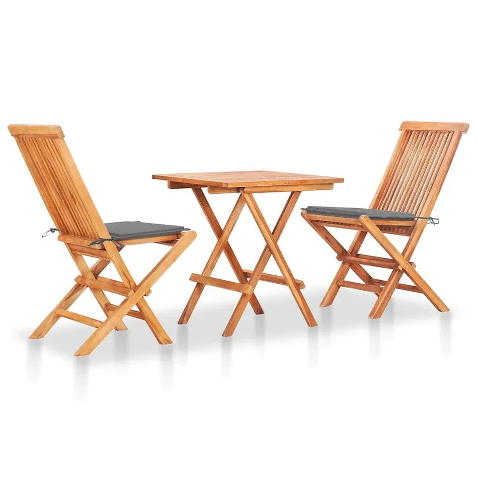 vidaXL Bistroset 3-TLG Teak Gartenmöbel Grau Kissen 3-TLG.