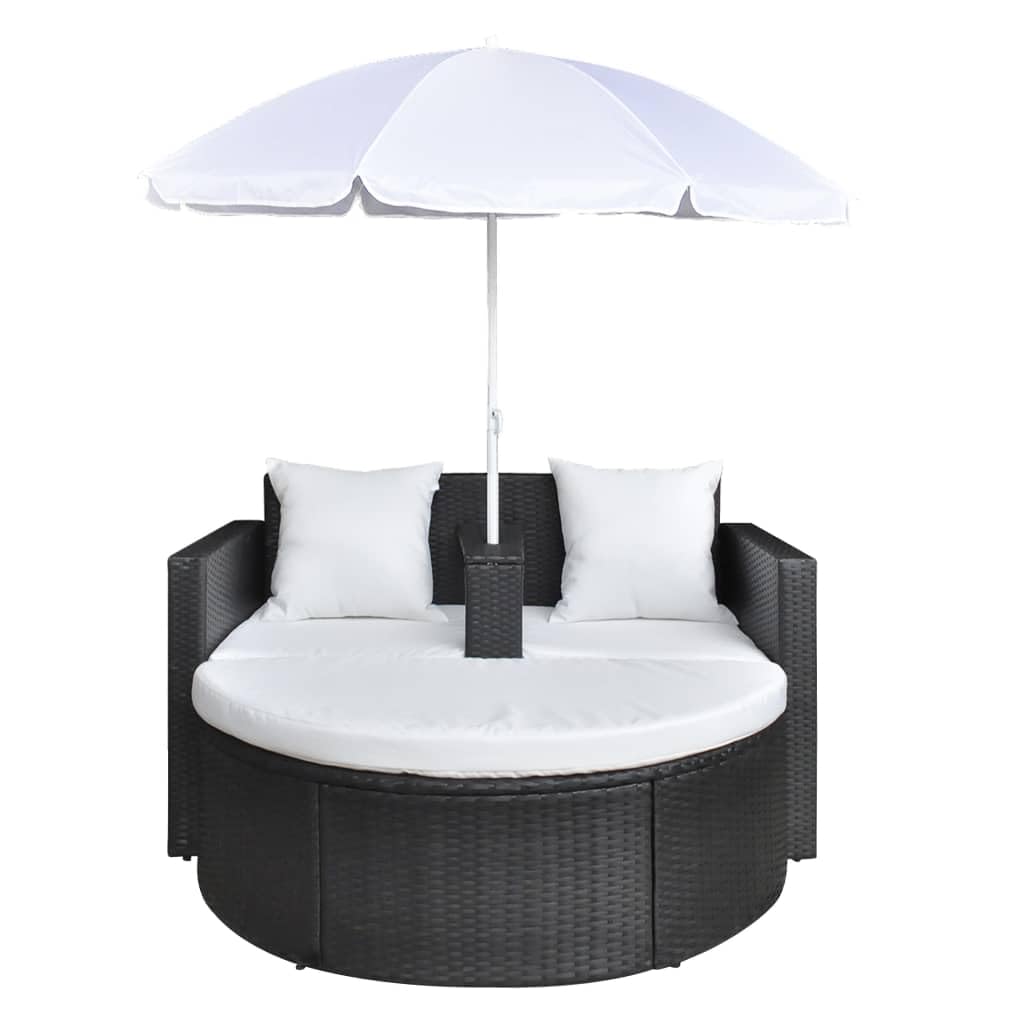 vidaXL Heim & Garten Gartenbett Poly Rattan Schwarz-Weiß mit Schirm