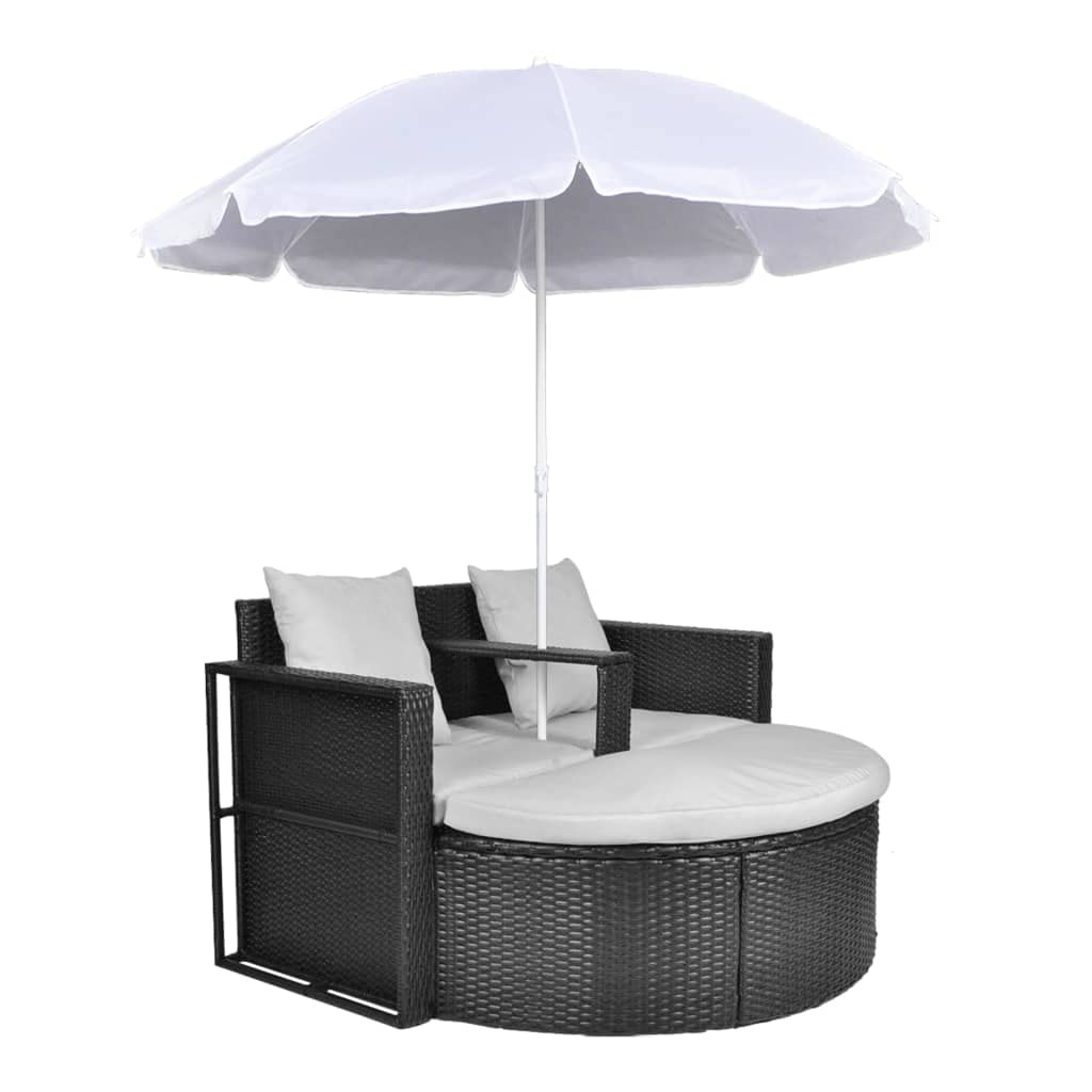 vidaXL Heim & Garten Gartenbett Poly Rattan Schwarz-Weiß mit Schirm