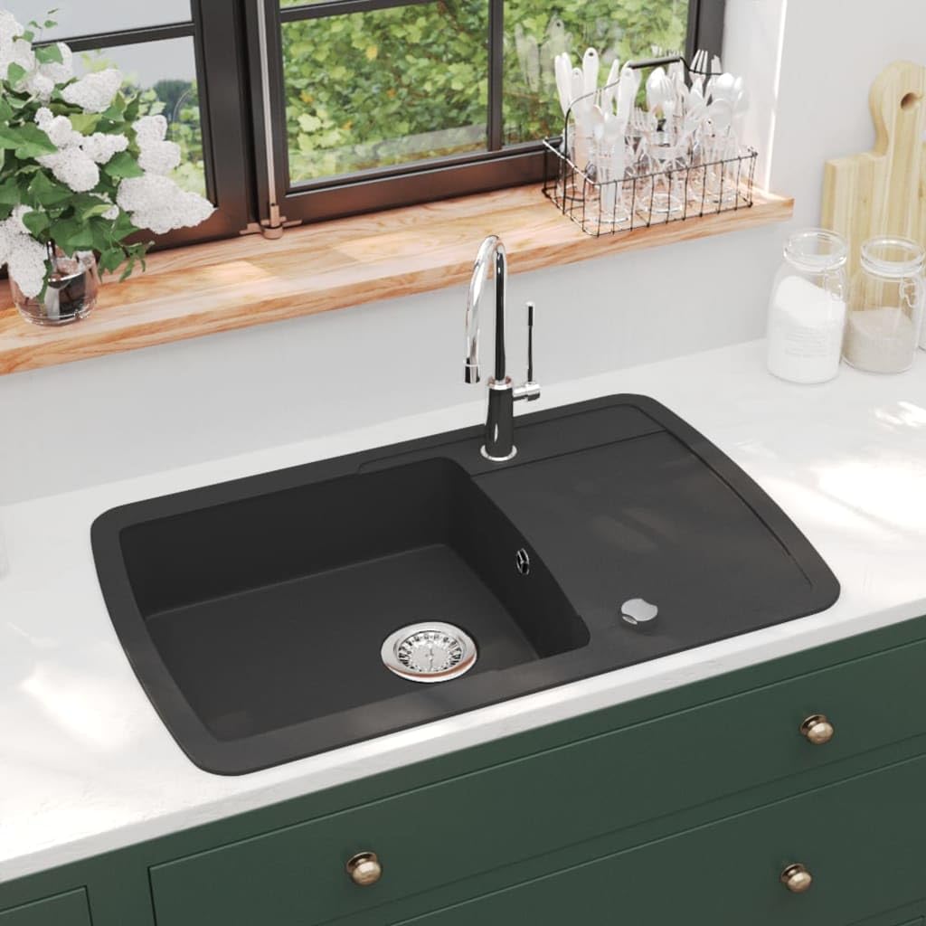 vidaXL Granitspüle Einzelbecken Schwarz reversibel Quarz