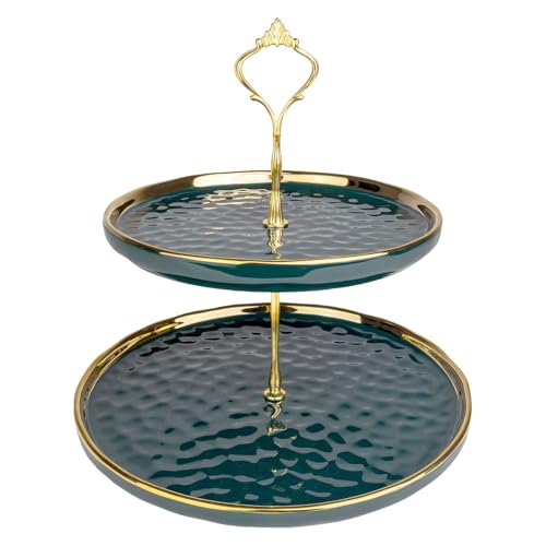 Intirilife Etagere Porzellan 2 Etagen Grün Gold 25,5 cm