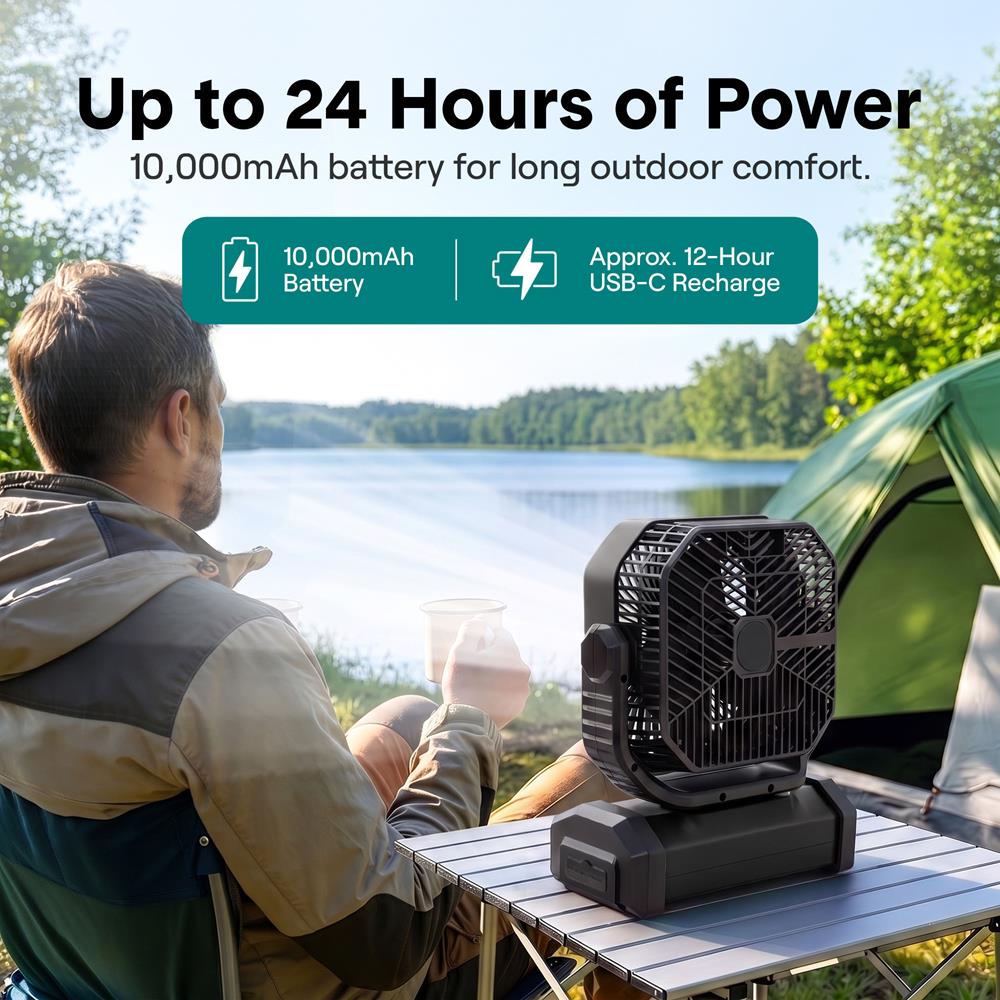 Serenelife Camping Akku Ventilator Schwarz 10000mAh mit LED