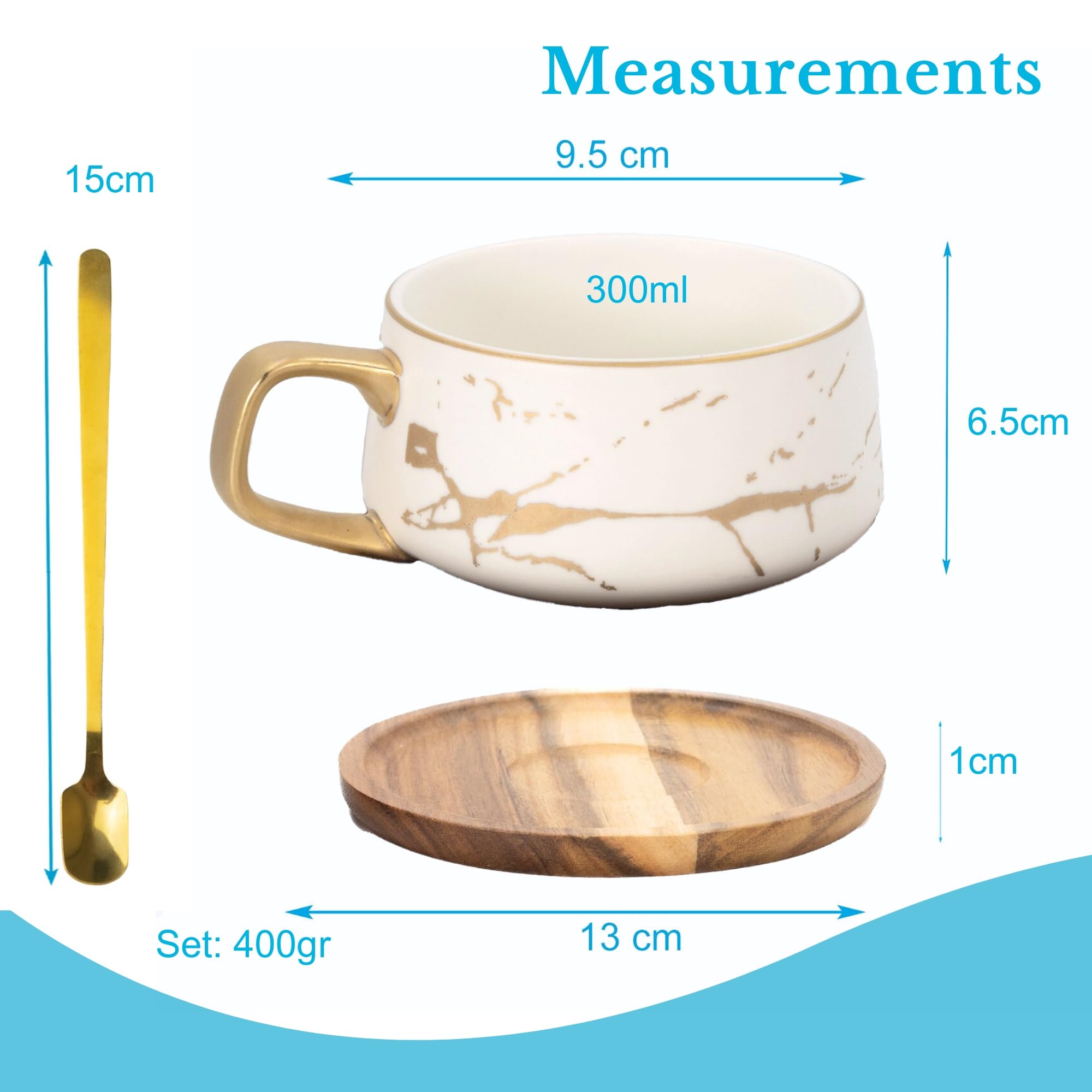 Intirilife Tasse Keramik Weiß Gold Marmor 300 ml mit Holzuntersetzer