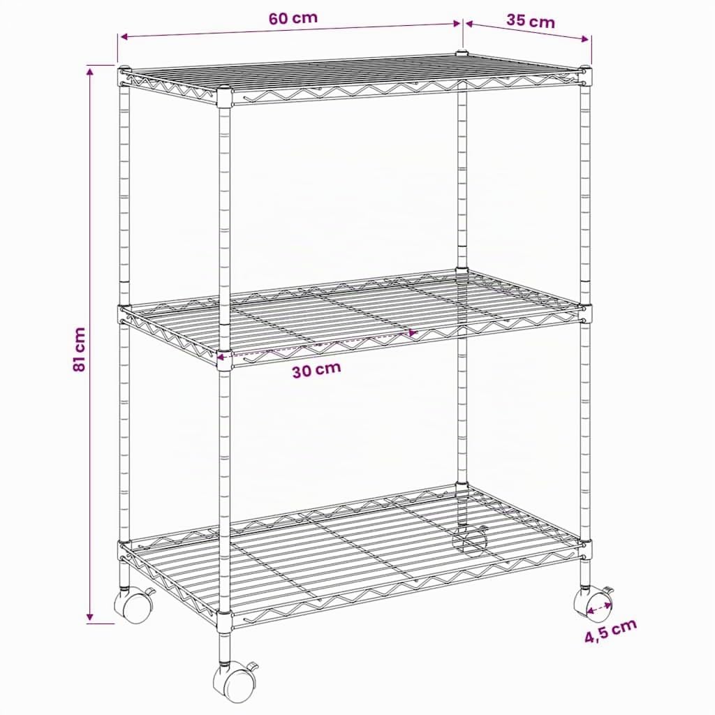 vidaXL Lagerregal Chrom 60x35x81 cm 3 Böden mit Rollen Eisen