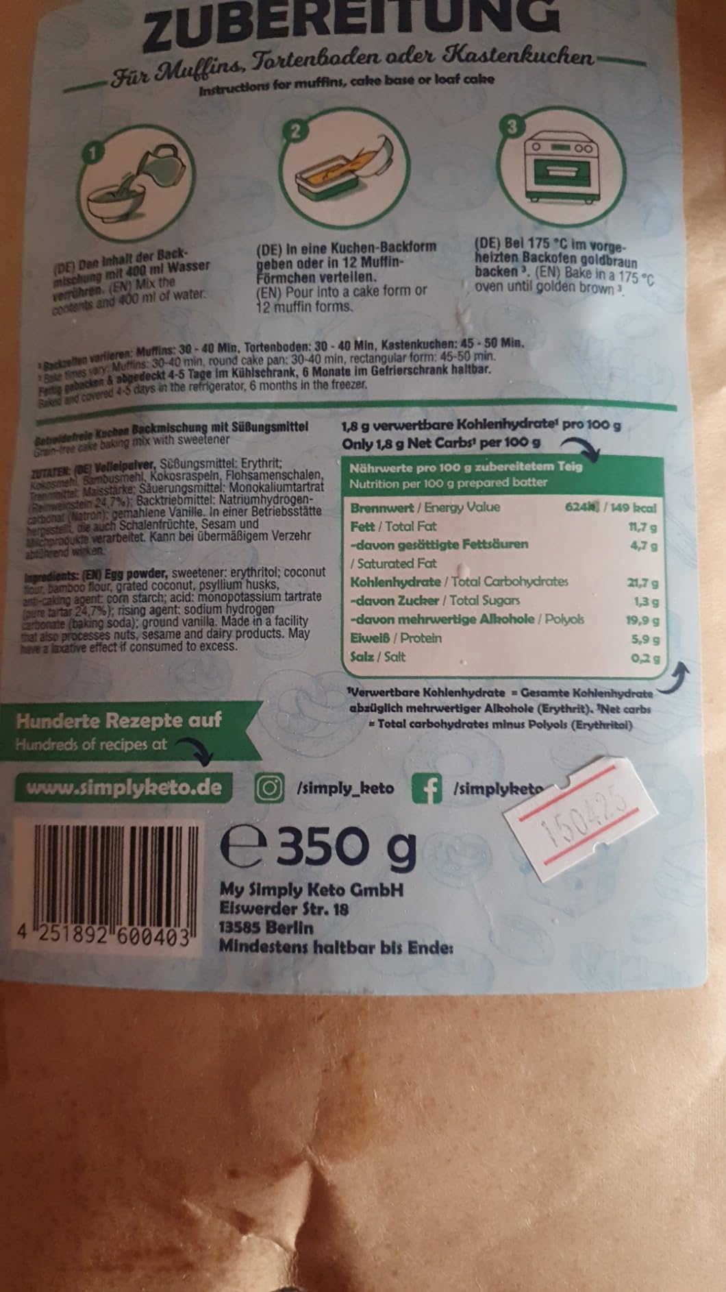 Keto Lower Carb Kuchen Backmischung 350g zuckerfrei