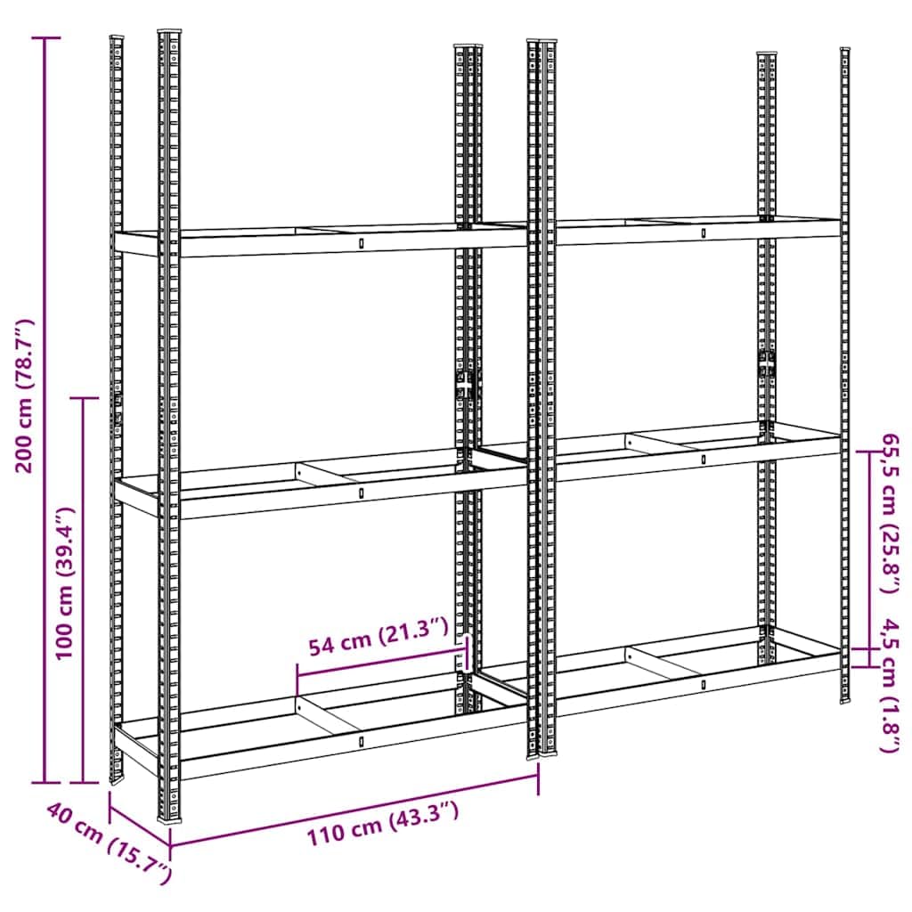 vidaXL Reifenregal 3 Böden 110x40x200 Silber 2 Stk Stahl